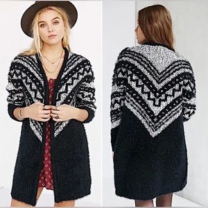 UO Ecoté Black & White Cabin Fever Longline Fuzzy Cardigan